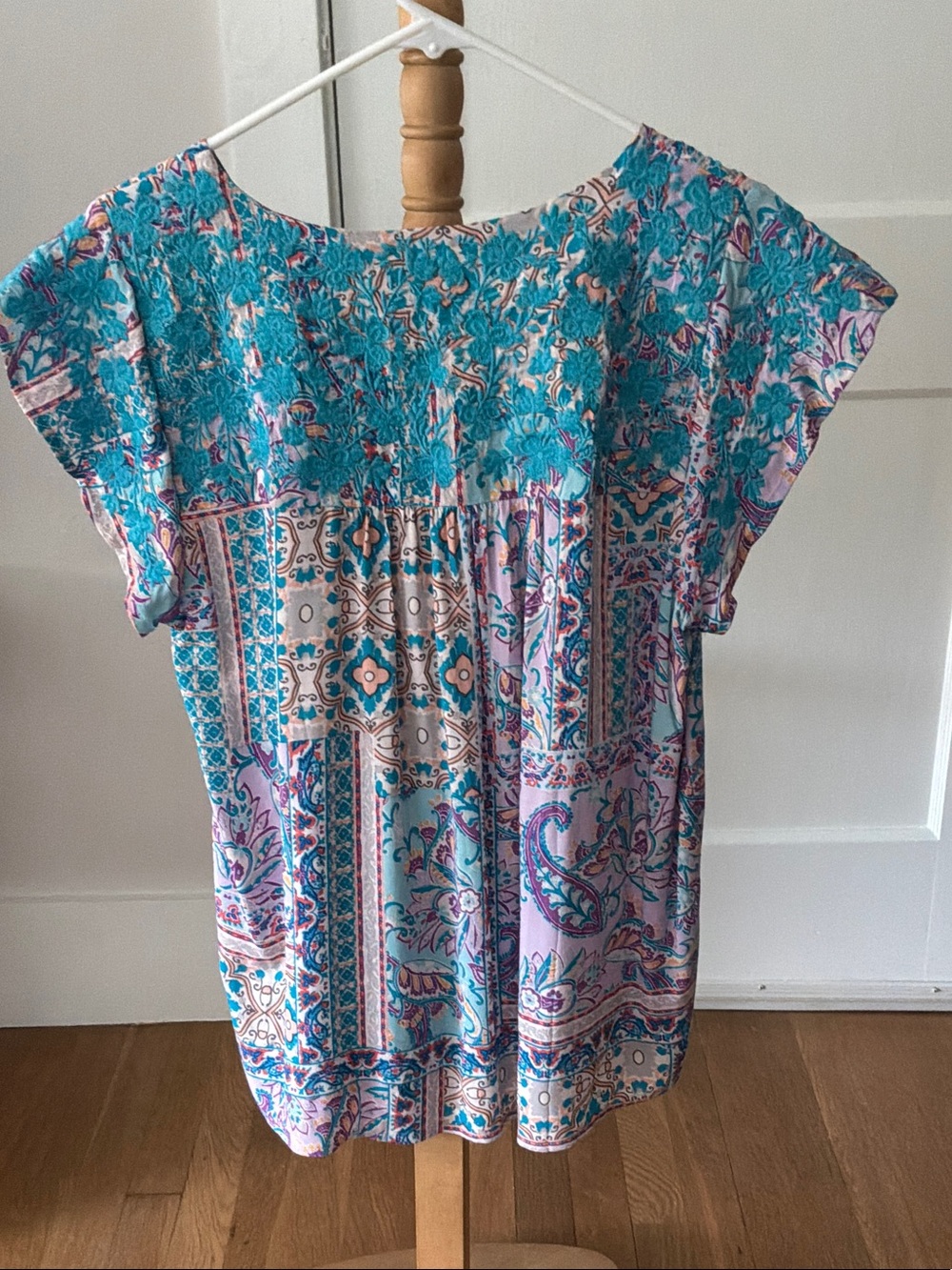 Savanna Jane Teal & Lavender Floral Embroidered Cap-Sleeve Blouse - Picture 5 of 7